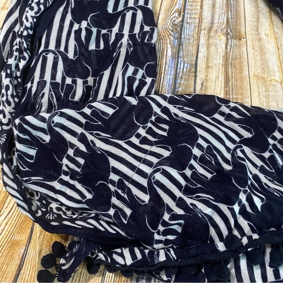 Crown & Ivy Blue White Elephant Print Pom Pom Soft Viscose Scarf - Picture 2 of 4